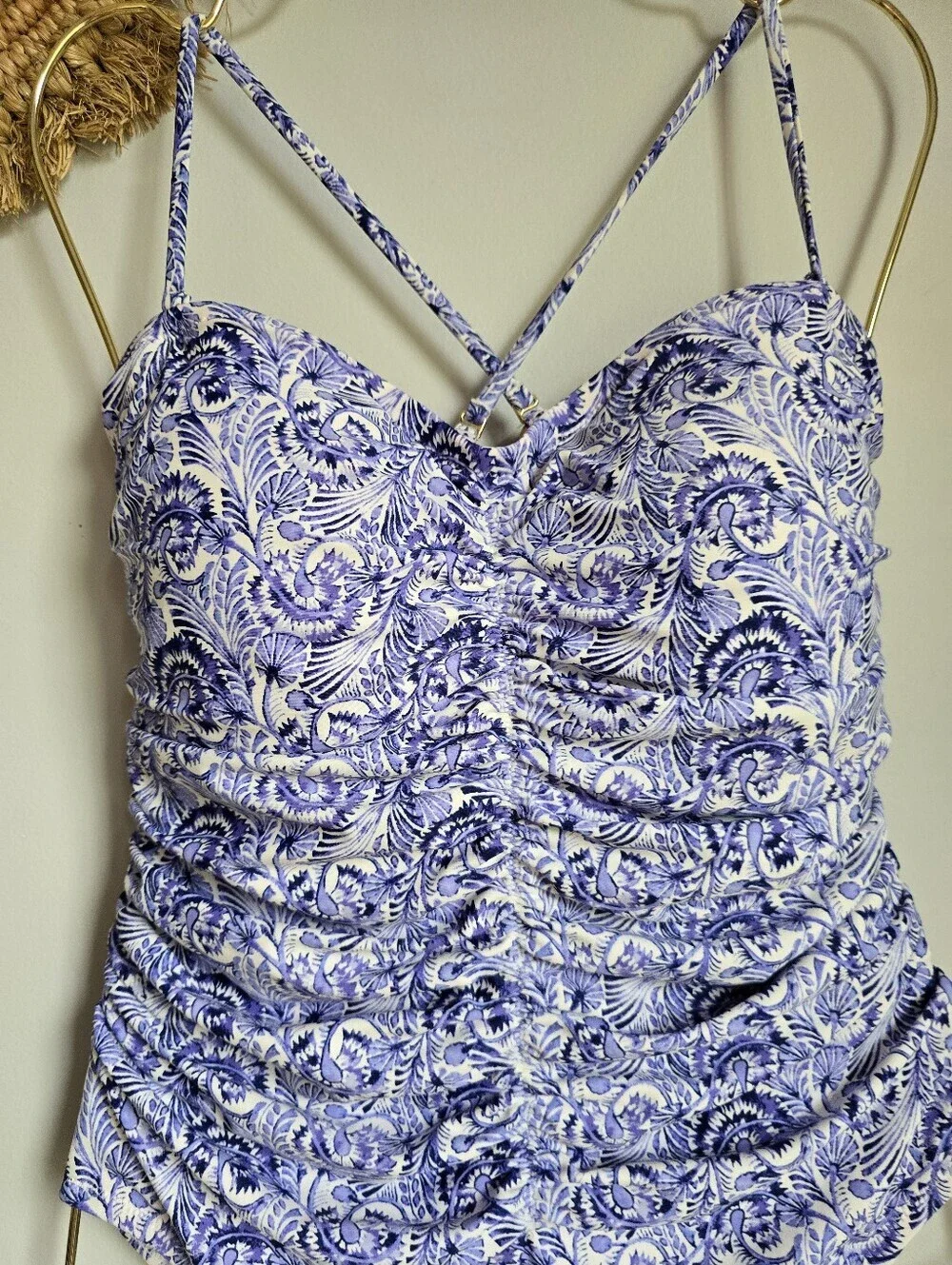 J. Crew NEW Blue Dandelion Swirl Ruched Sweetheart One Piece Swimsuit SZ 12 Chic